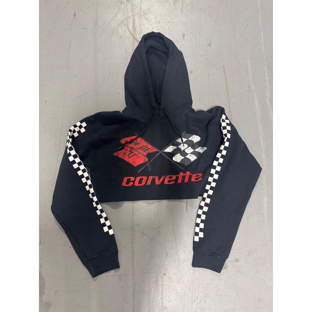 Corvette Cropped Graphic Hoodie Black Checkerboard Sleeve Racing Sweatshirt